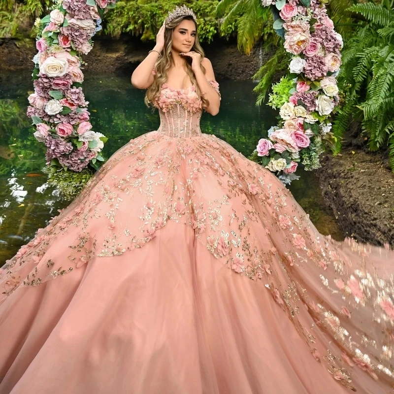 

Sparkly Blush Quinceanera Dress 2024 Ball Gown Appliques Lace Beading Tull Sequins Puffy Skirt Sweet 16 Dress vestidos de 15