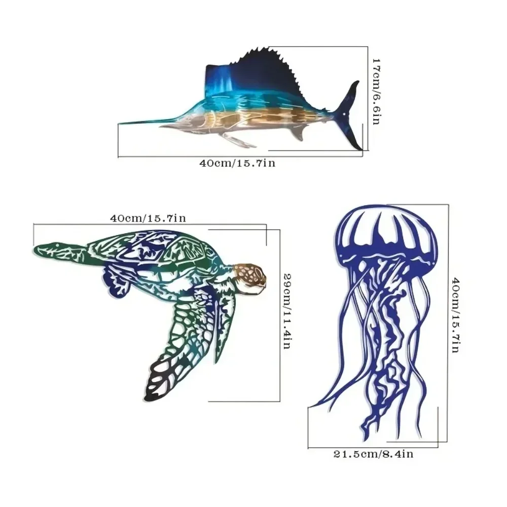 CIFBUY Nautical Aluminum Wall Art Swordfish Jellyfish Turtle Waterproof Durable Metal Sculpture for Living Room Bedroom Home