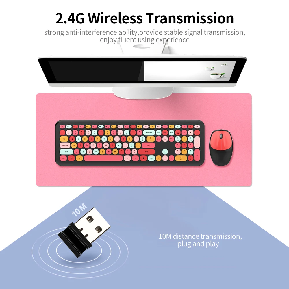 

Mofii 666 Keyboard Mouse Combo Wireless 2.4G Mixed Color 110 Key Keyboard Mouse Set with Round Punk Keycaps for Girl Purple