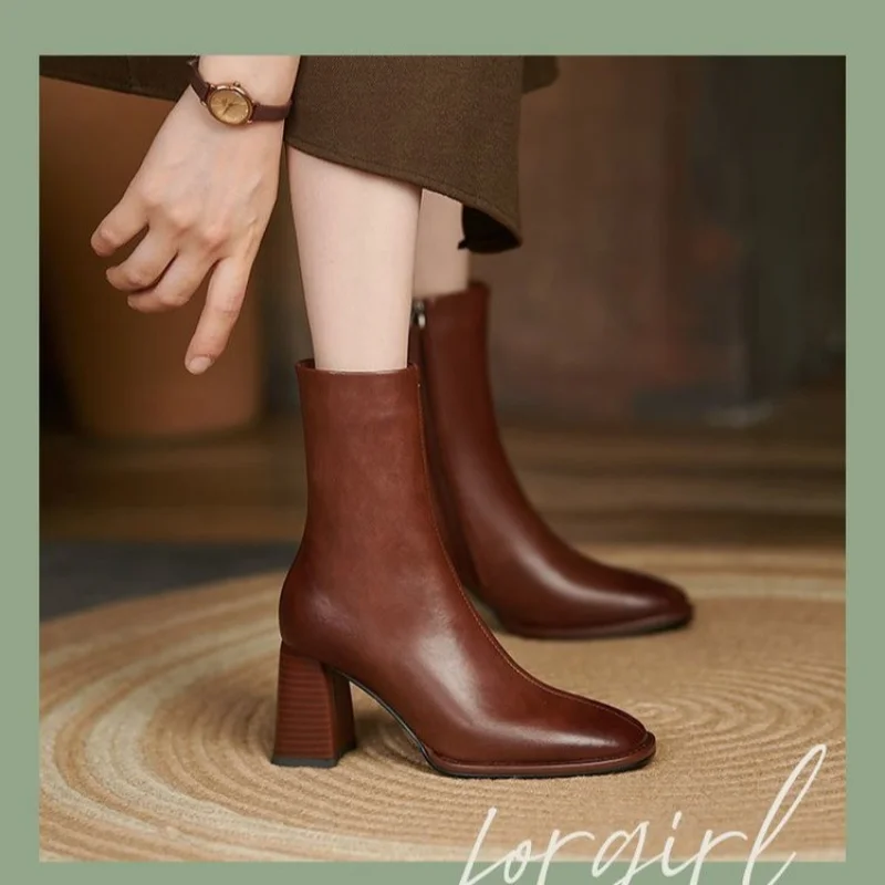 Autumn and Winter 2022 New Versatile Nude Boots Women\'s Thick Heel Side Zipper High Heel Simple Casual Square Short Boots Women