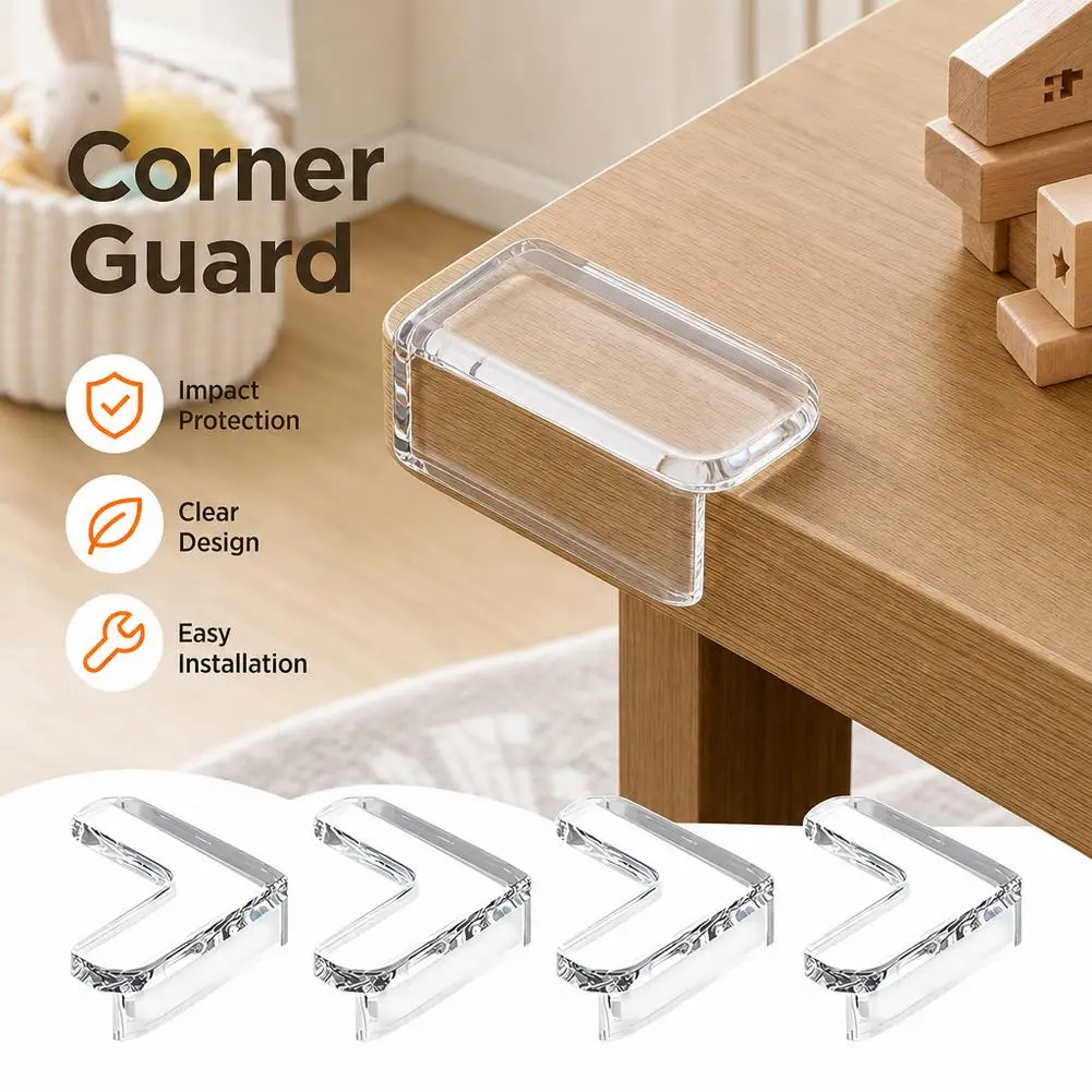 4PC L-Shaped Transparent Anti-Collision Table Corner Protectors Soft Silicone Edge Wrapping Adhesive Strip for Furniture Protect