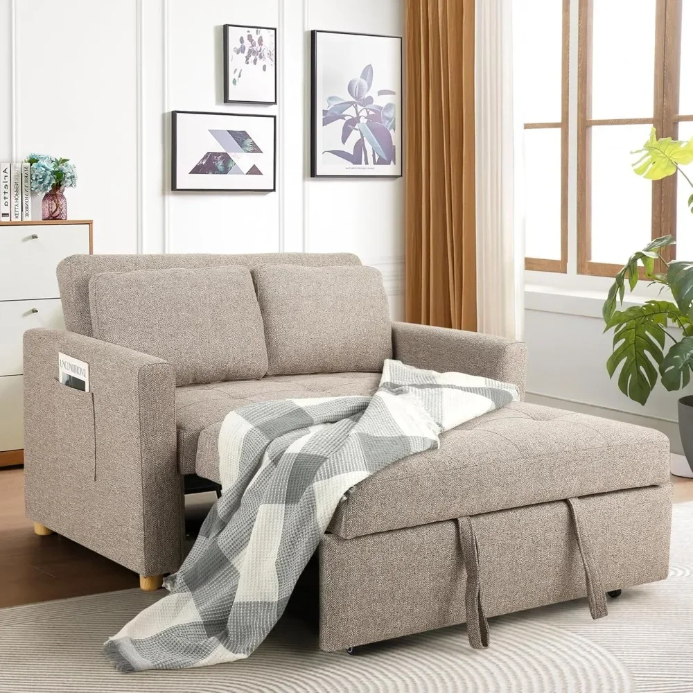 3-in-1 Sofa Bed, Linen Fabric Sleeper Couch Pull Out Bed, 49