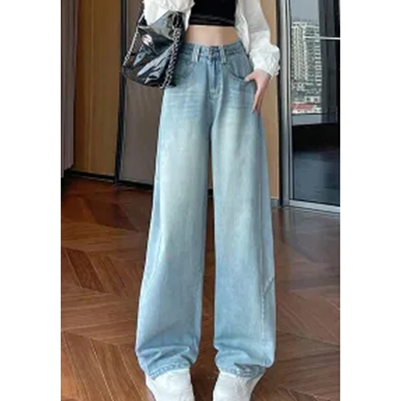 

Уличные винтажные синие джинсы женские с высокой талией свободные повседневные прямые джинсовые брюки Harajuku Y2K классические корейские простые брюки
