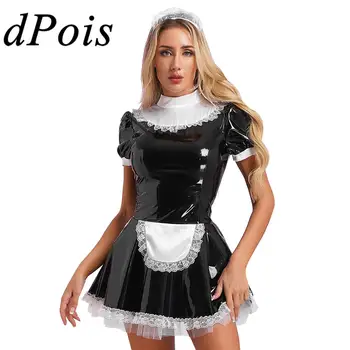 Women French Apron Maid Cosplay Dress with Lace Headband Ruffles Lace Apron Costumes Glossy Patent Leather Maid Servant Outfit