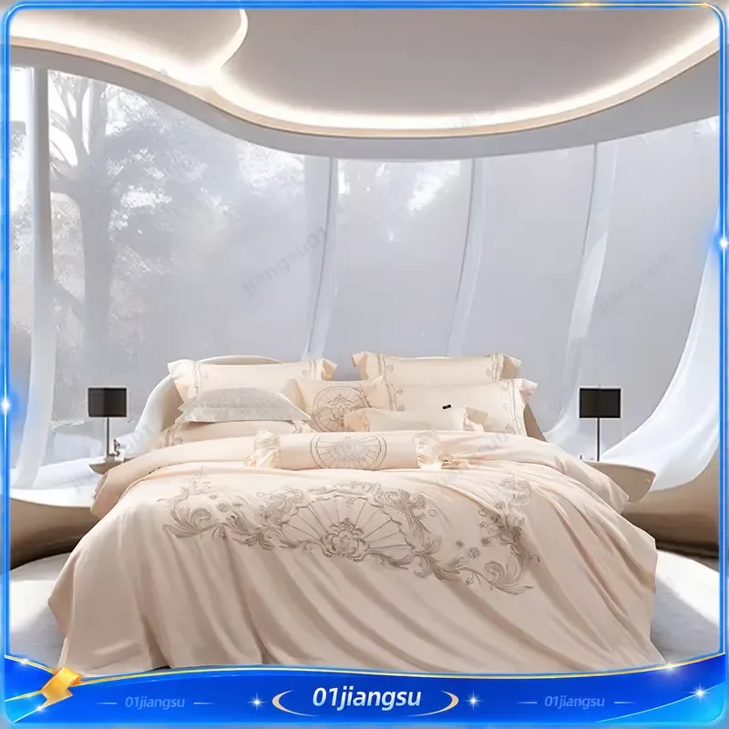 1000TC Lyocell Cotton Bedding Set Luxury Embroidery Duvet Cover Soft Silky Bed Sheet Pillowcases 4Pcs Home Textile