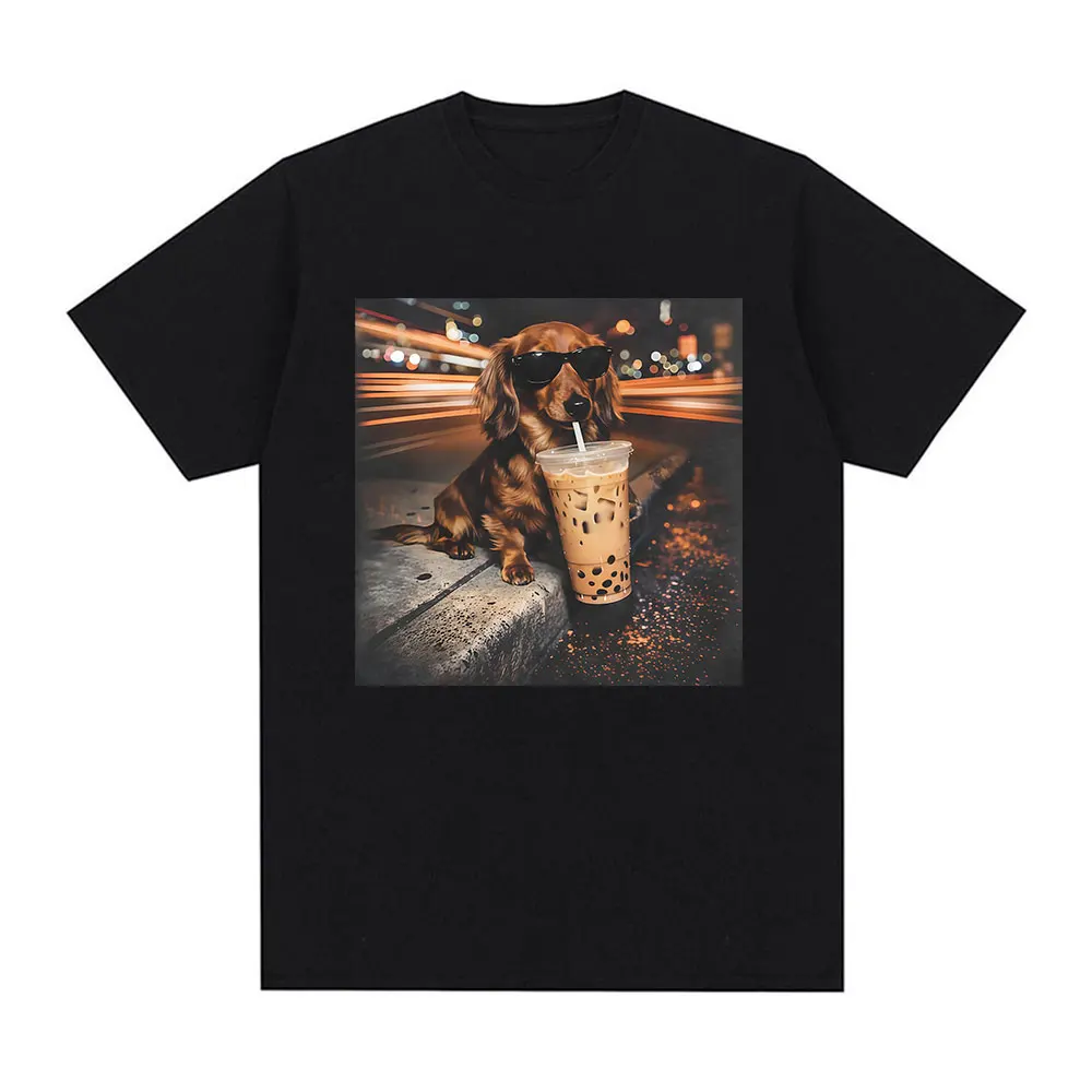 Funny Dachshund Drinking Iced Coffee Meme T-shirt Men's Cool Fashion Retro Short Sleeve T-shirts 100% Cotton T Shirt Streetwear