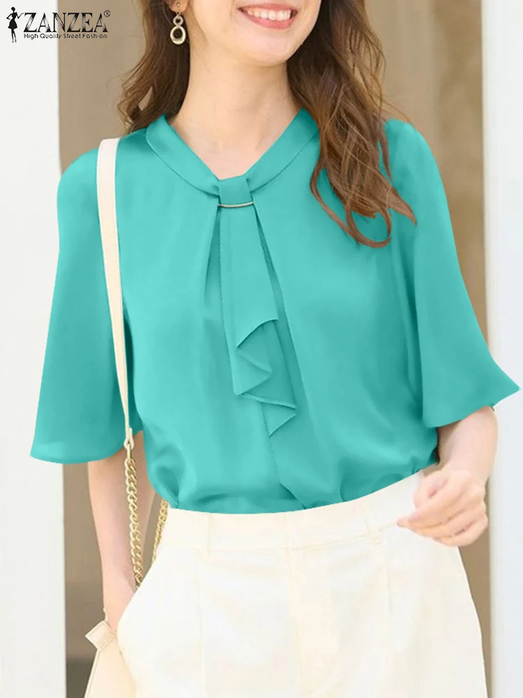 

ZANZEA Fashion Womens Blouses Elegant Tie-Neck Half Flared Sleeves Solid Color Blusas Mujer 2025 Summer Commute Office Smock Top