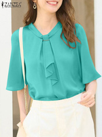 ZANZEA Fashion Womens Blouses Elegant Tie-Neck Half Flared Sleeves Solid Color Blusas Mujer 2025 Summer Commute Office Smock Top