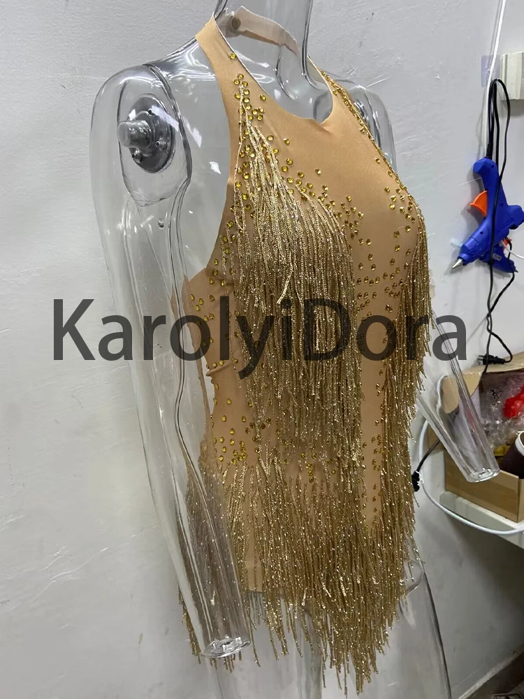 Sparkly Gold Tassel Rhinestones Glisten Beads Bodysuit Bar Dj Singer Dancer One-Piece Outfit Costume Stage Performance Leotard