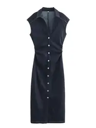 XNWMNZ 2024 Moda damska Denim Fit Midi Shirt Dress Women High Street Lapel Sleeveless Front Button Draped Female Dresses