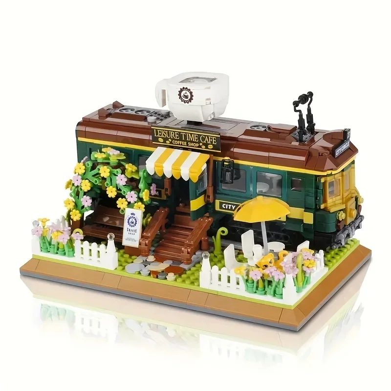 

1081 шт., собранный игрушечный орнамент для кафе-поезда, зеленый кожаный поезд, городской магазин, модель игрушки для сборки уличных сцен,