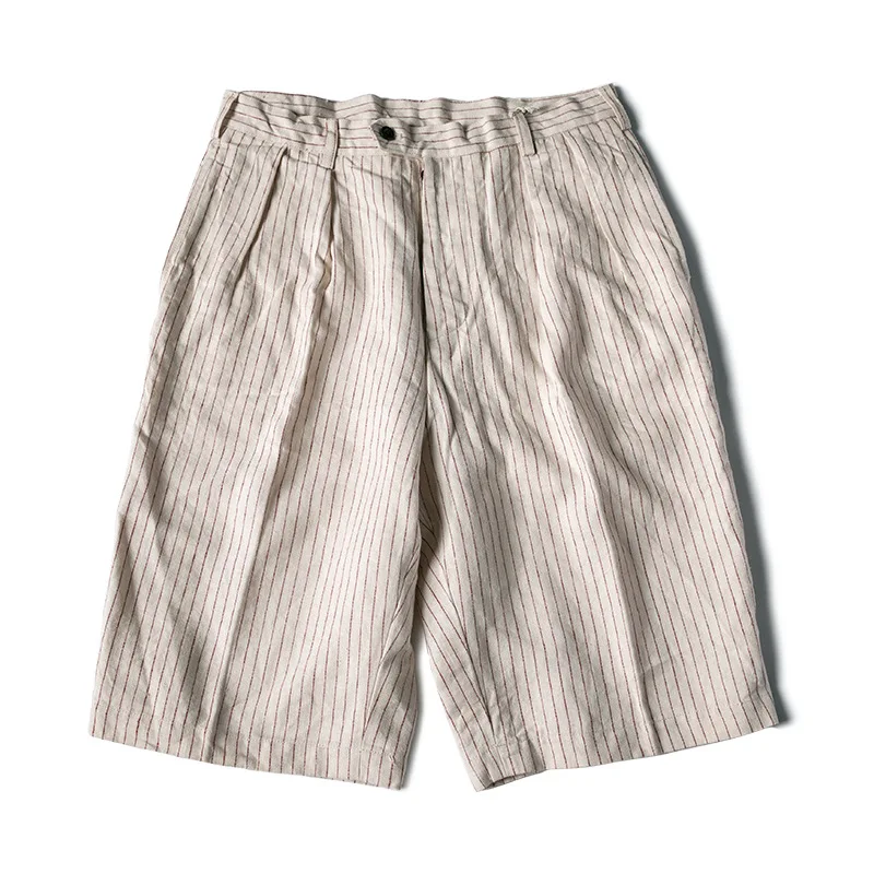 NON STOCK Linen striped loose wide-leg vintage baseball shorts Men's casual knee-length pants