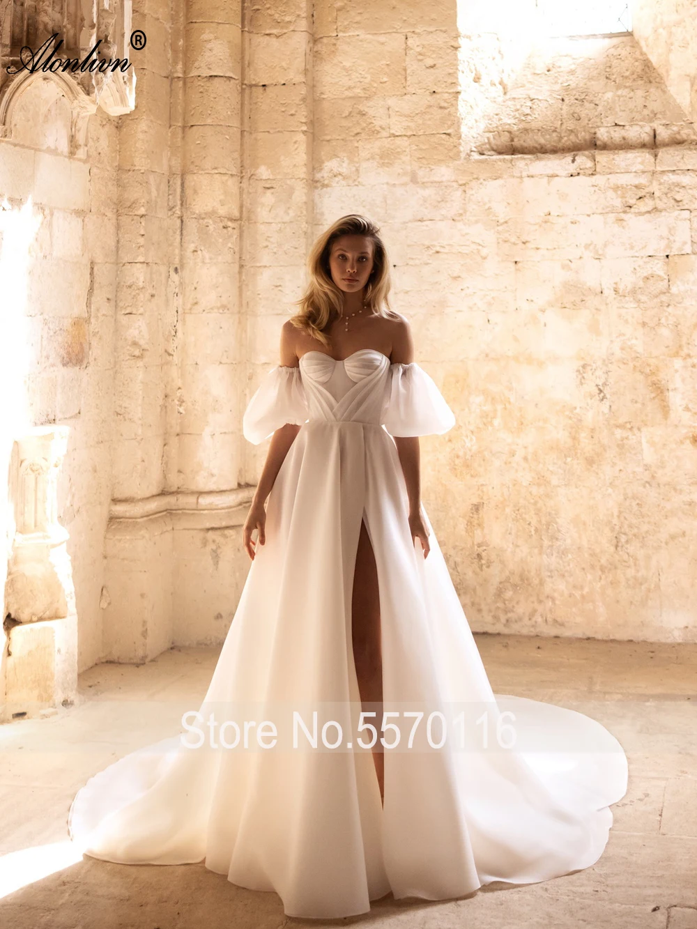 Alonlivn Sliky Oraganza Sweetheart A-Line Wedding Dresses Novias Ruched Pleats Front Split Off Shoulder Sleeves  Bridal Gowns