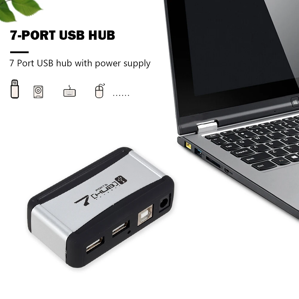 Hub USB vertical Divisor USB 2.0 de 7 portas com adaptador de alimentação para computador PC