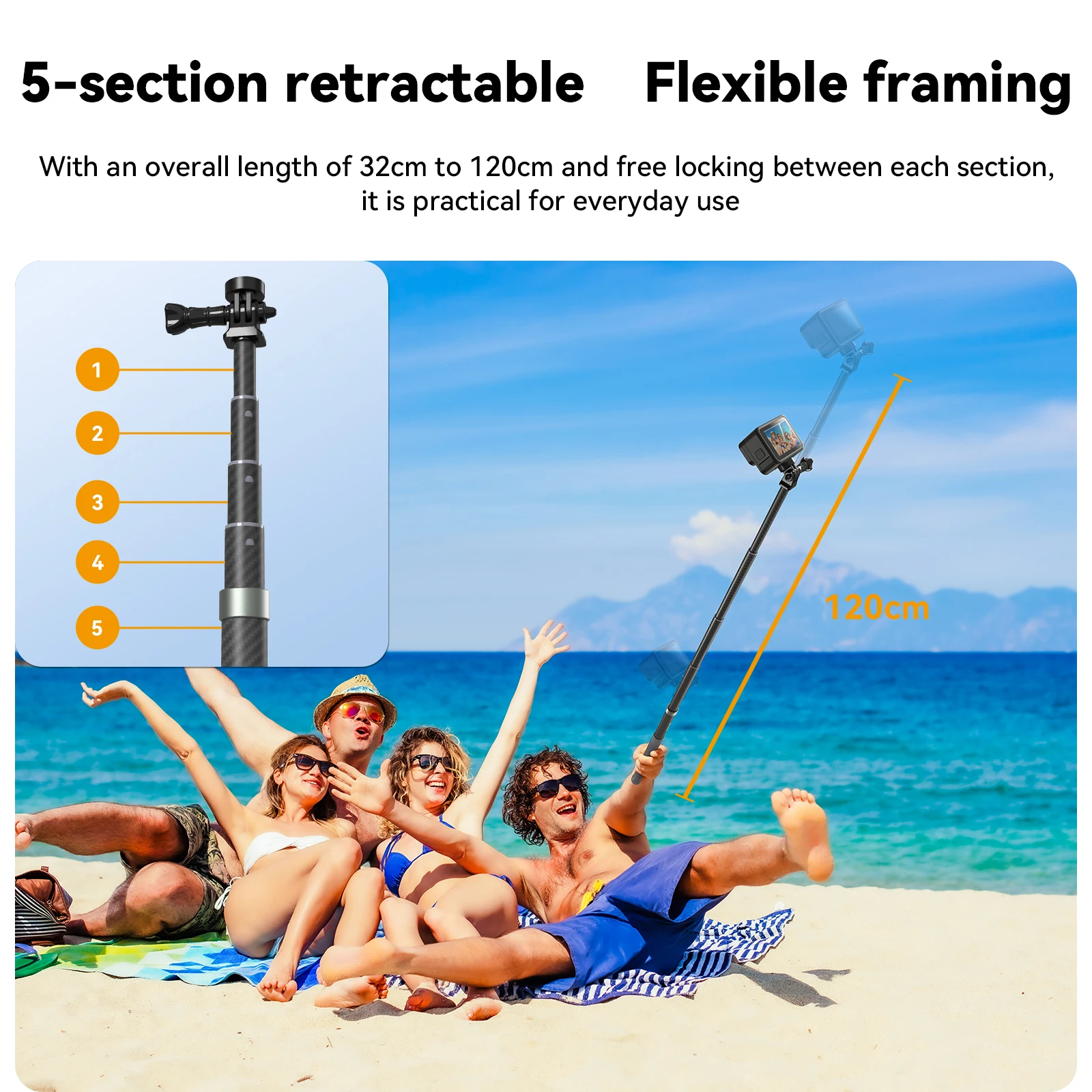 TELESIN 1.2m Carbon Fiber Selfie Stick Monopod Extendable + 1/4 Screw For GoPro 13 12 11 10 Insta360 X5 AcePro DJI Action 6 5pro