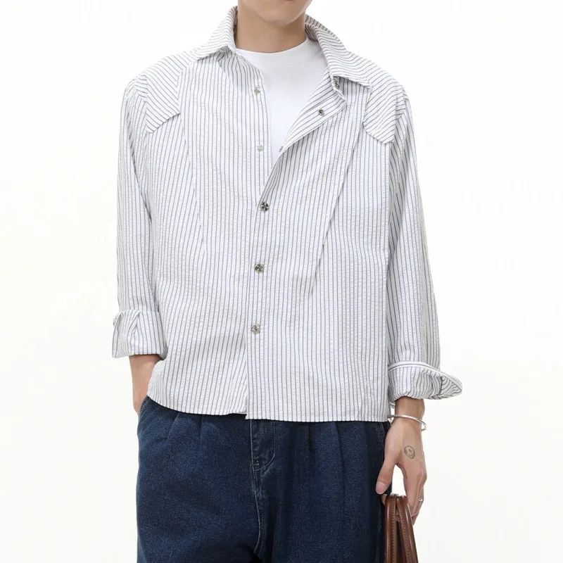 

2025 Spring and Autumn Men's Youthful Trendy Stripe Simple Color blocked Temperament Loose Collar Commuter Daily Casual Shirt