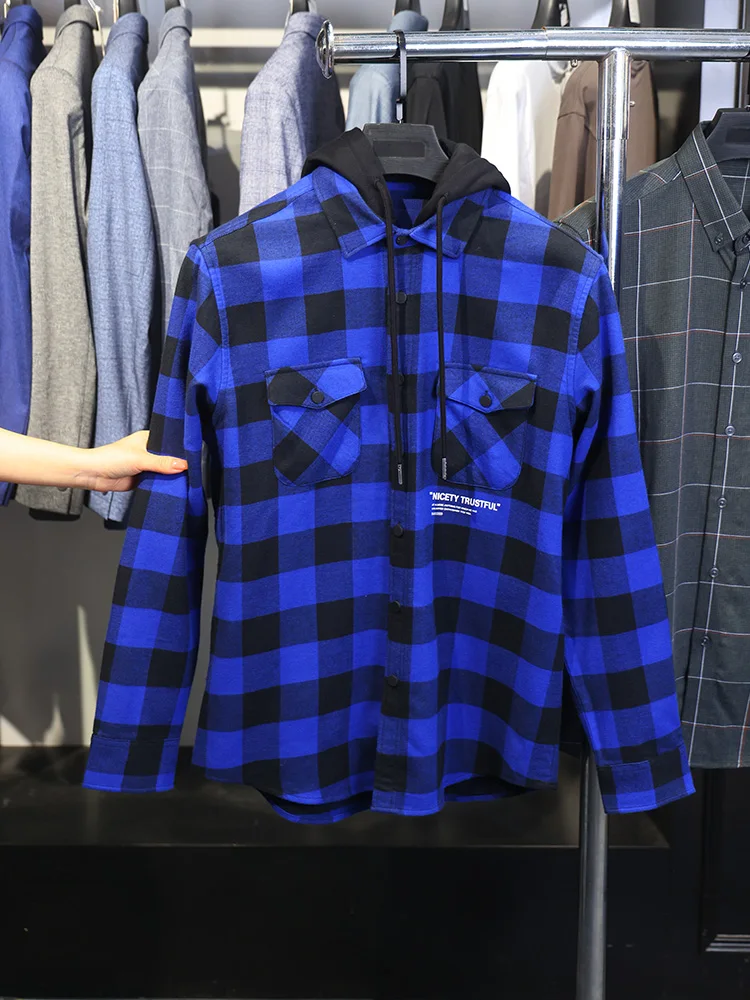 

Мужская повседневная рубашка Homesi в клетку с длинным рукавом, осенне-зимняя, модная, универсальная, с капюшоном, приталенного кроя, для молодежи, на каждый день