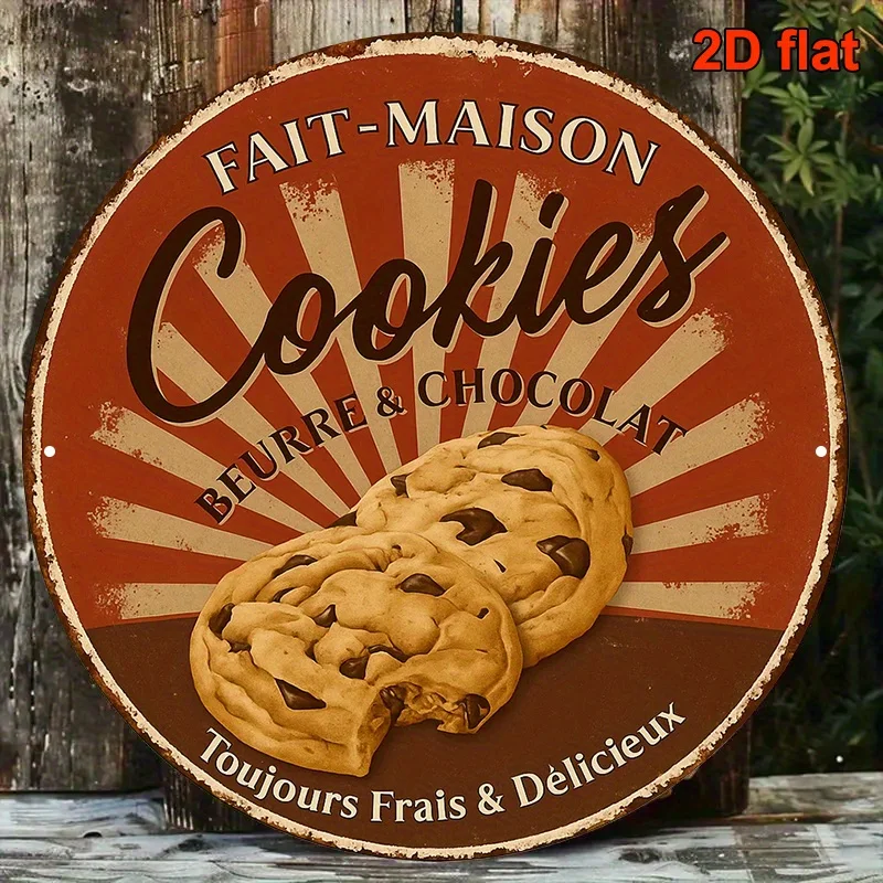 Letrero de panadería vintage plano 2D, 1 pieza, decoración de pared retro de "bocinas" de inspiración francesa con ilusión de chispas de chocolate y mantequilla roja Sunburst