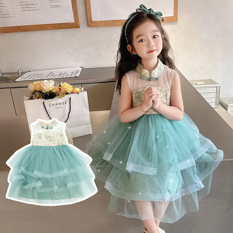 

Girls Dress 2024 Summer New Childrens Wear Foreign Style Girl Baby New Chinese Dish Buckle Children Sleeveless Princess Dress