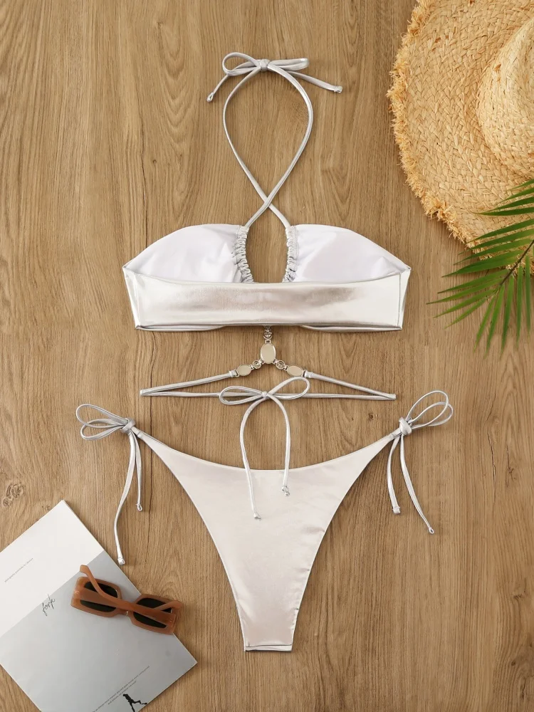 Bikini Women Swimsuit 2025 New White Halter Bikinis Set Sexy Lace Up Swimwear Summer Two Piece Beachwear Bathing Suit For Female