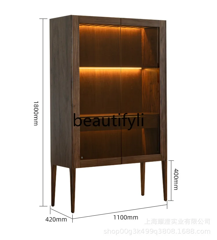 Nordic Light Luxury Black Walnut Wine Cabinet Living Room Wall-Mounted Solid Wood Glass Double Door Partition Display Cabinet