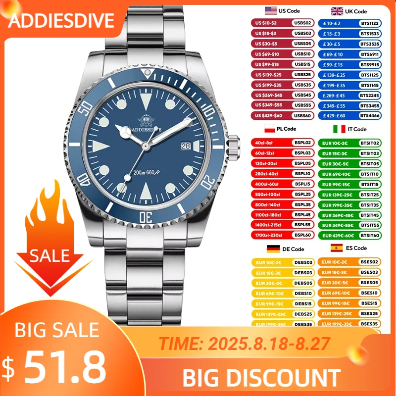 

ADDIESDIVE Luxury NEW Watch K1 Mineral Glass Bubble Mirror Pot Cover Quartz Watches For Men 200M Diver BGW9 Luminous Wristwatch