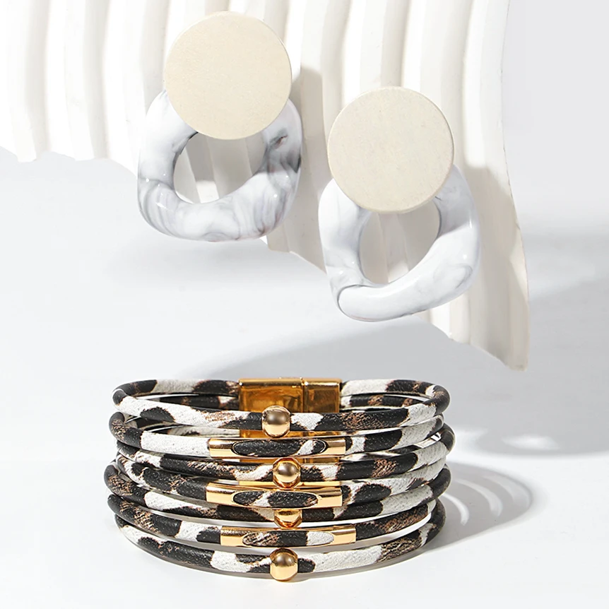 ALLYES Vintage Leopard Print Leather Bracelet for Women Chunky Metal Beads Multilayer Stackable Bracelets Earrings Jewelry Gifts