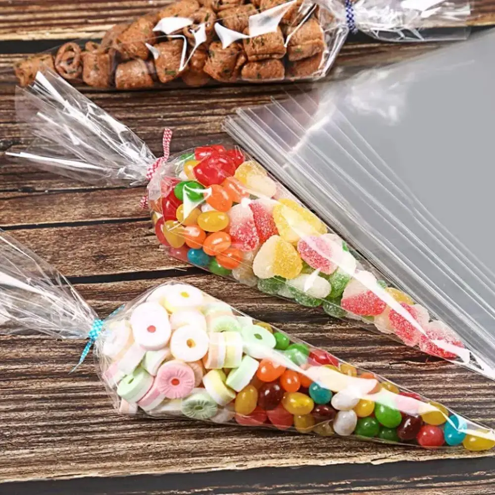 50/100pc Transparent Cellophane Candy Bags Popcorn Bags Cone Storage Gift Cookies Packaging Bag for Wedding Birthday Party Favor