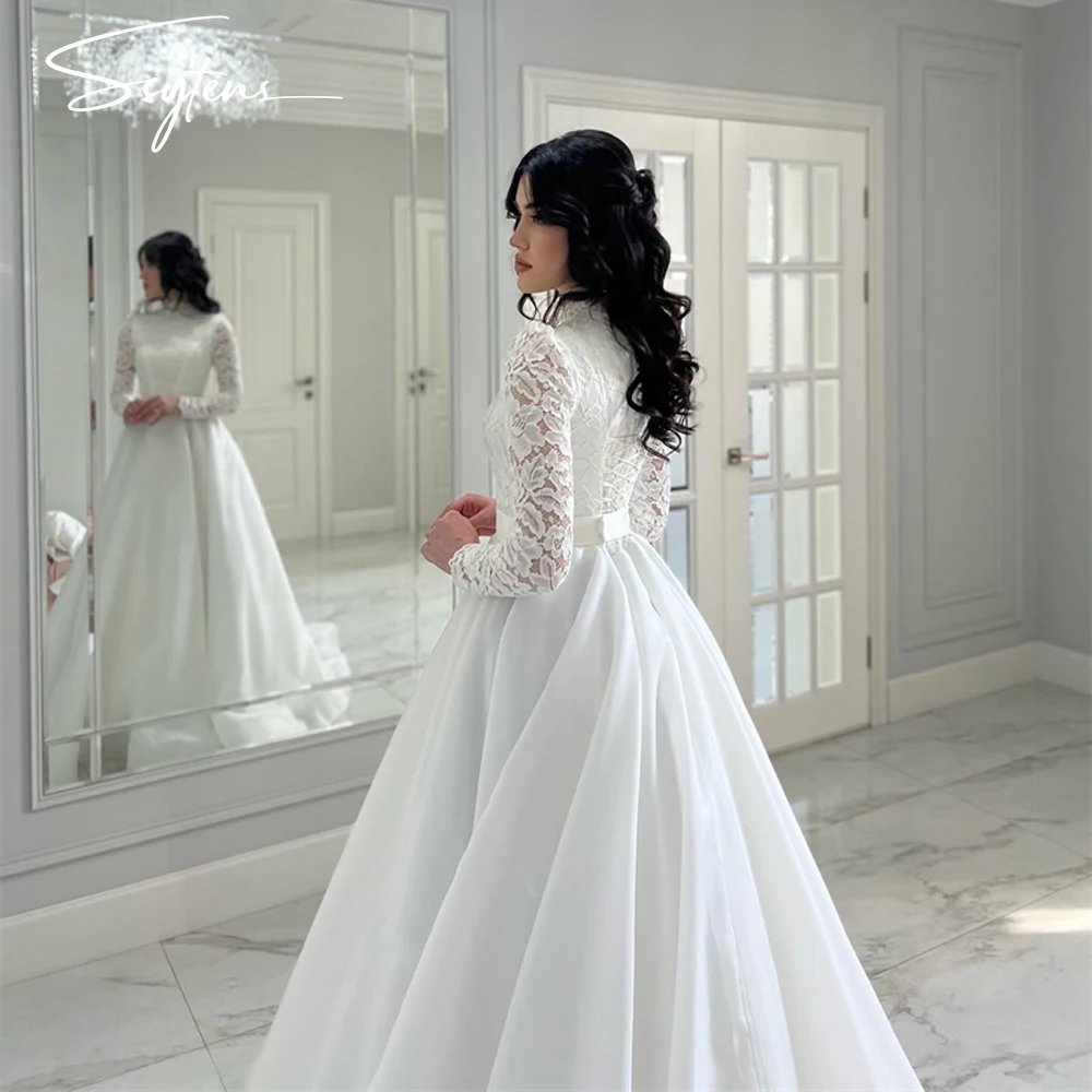 

Modern High Neck Lace Long Queen Wedding Dresses Sweep Train robes de mariage Bride Bridal Gowns Princess A Line Gowns Dress