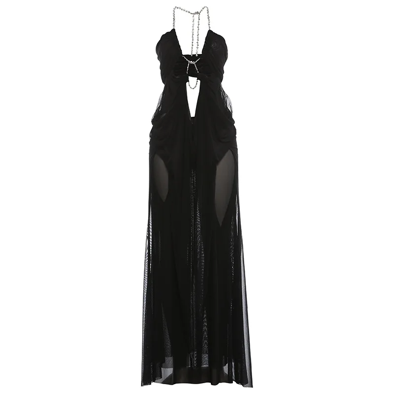 Hollow Out Diamond Chain Halter Backless Sheer Mesh Vakantie Strand Maxi-jurk Dames Sexy V-hals Mouwloos Ruches Party Clubwear