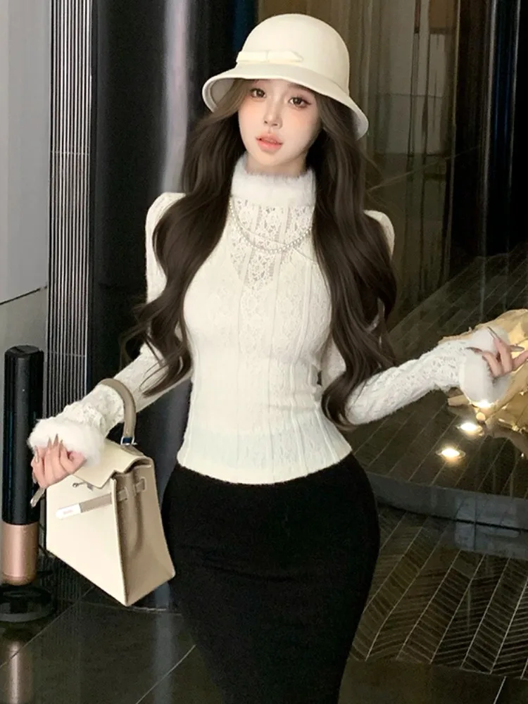 

Autumn Winter Chic Spicy Girl Plush Half High Collar Long Sleeve Lace Base Shirt Women's Inner Design Slim Fit Short Top