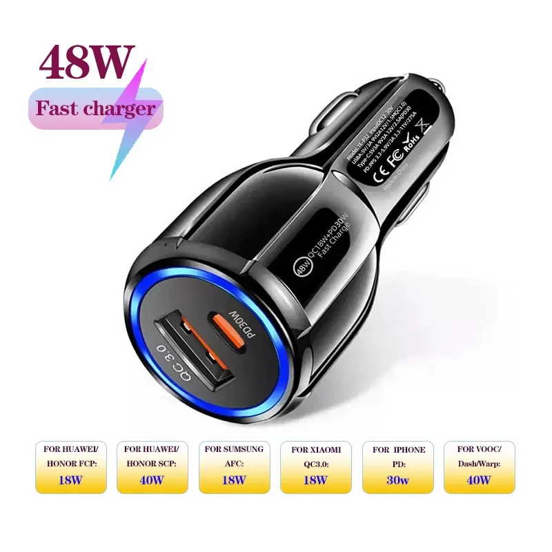 

48W Car Charger 2 Ports Car Charger Fast Charging QC3.0 PD30WCar Cigarette Lighter Flash Charge For huawei/iphone/xiaomi/sumsung
