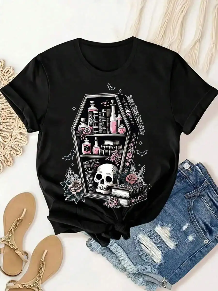[Soft T-Shirt] Soft, Breathable Girl's Skull Print T-Shirt | Short Sleeve Tee With Gothic Coffin Design For Casual &Amp; Outdoor