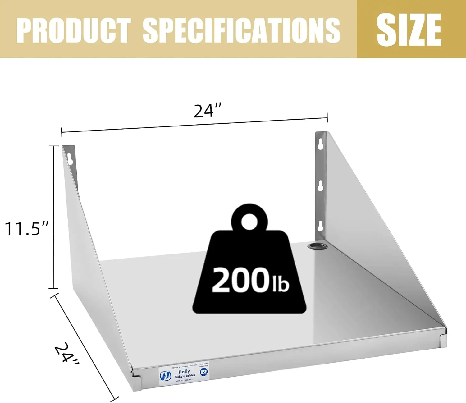 

Hally Stainless Steel Microwave Shelf 24""X24"" 200 Lb, Nsf Commercial Heavy Duty Metal Appliance Wall Mount Floating Shelving