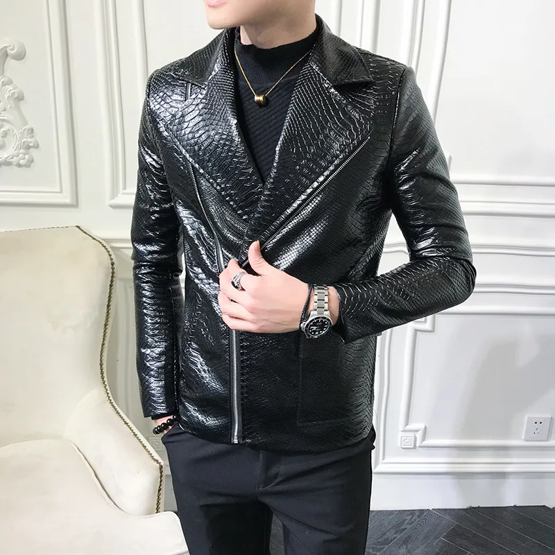 New Crocodile Patterns Leather Jacket men\'s solid lapel Slim Fit PU Coats Casual Blazer Leather Jacket Motorcycle  Outwear