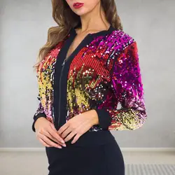 Shiny Sequin Jacket Women's Sequined BomberJacket Fall New V Neck Long Sleeve Gradient Color Casual Jacket Female Chic Outerwear