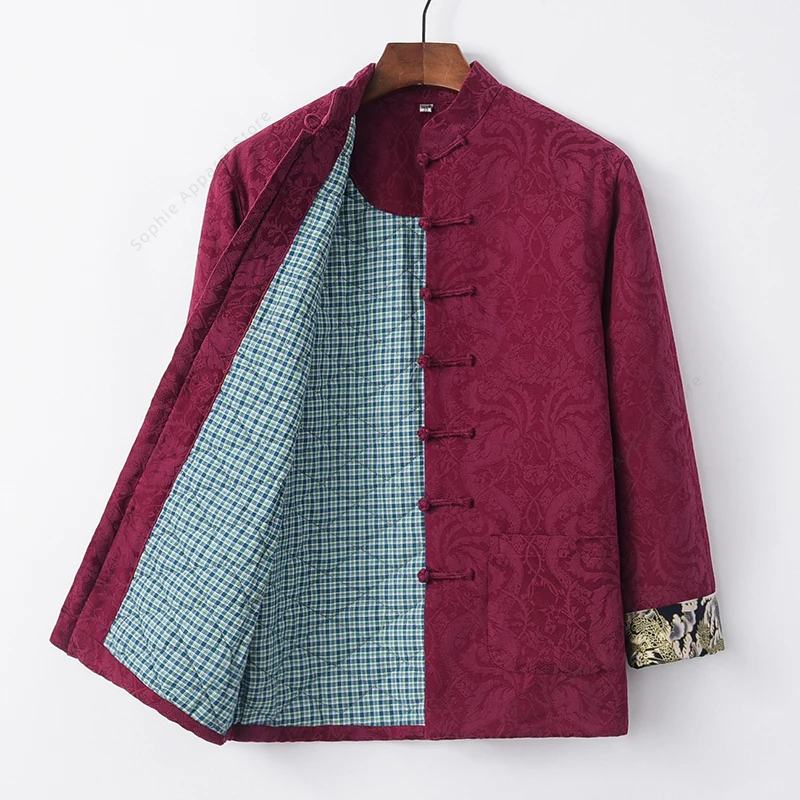 

Autumn Winter Elder Tang Suit Jackets Cotton Thick Coat for Men Tops Grandfather Grandpa Birthday Chinese New Year Clothes