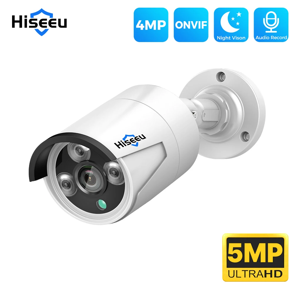 Hiseeu POE IP 카메라 비디오 감시 오디오, 야외 CCTV, 방수 야간 투시경, 홈 보안 카메라, ONVIF, H.265, 4MP, 5MP