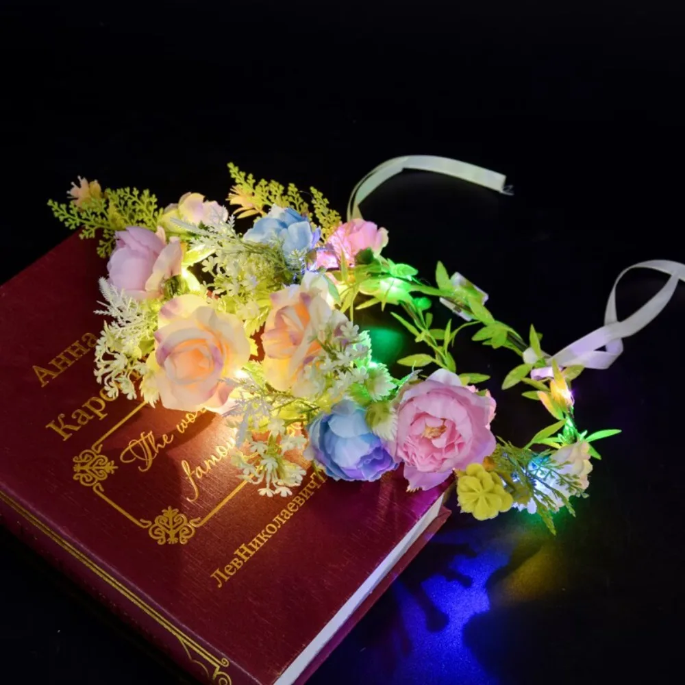 Simulation Rose Flower Flower Crown Hairband Hair Hoop Luminous Wreath Headband Glowing Flora LED Light Garland Live House