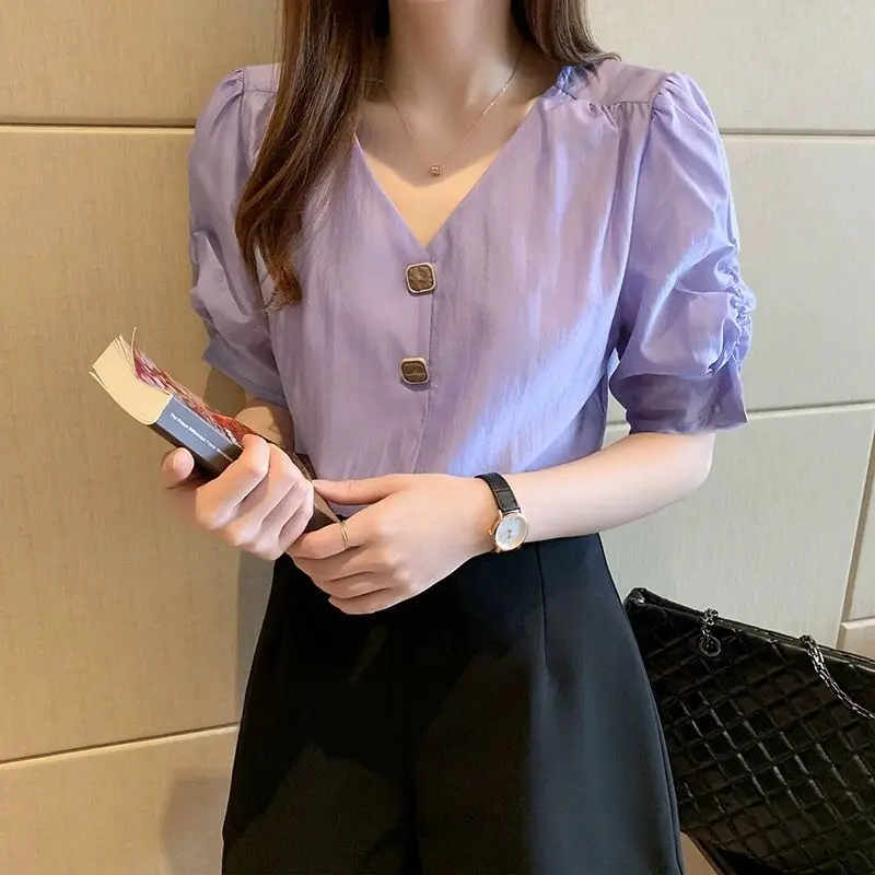 Elegant V-neck Short Sleeve Shirts for Women, Loose Tops, Casual Clothes, All-match Temperament, Simplicity, Summer Fashion