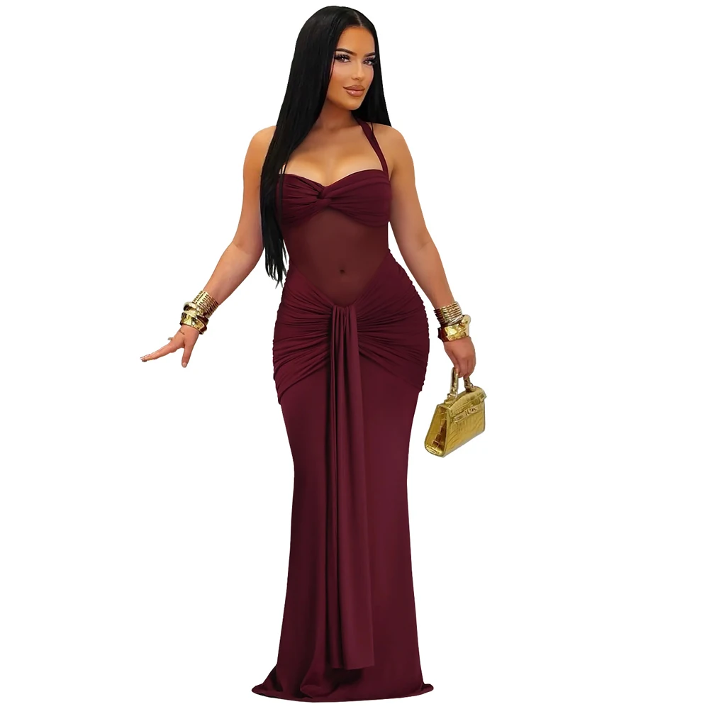 Sexy Transparentes Netzkleid mit Neckholder Rückenfreies Schnürkleid mit Vorderbindung Figurbetontes Partykleid Langes Abendkleid Clubwear Maxikleid für Damen – Detail 5