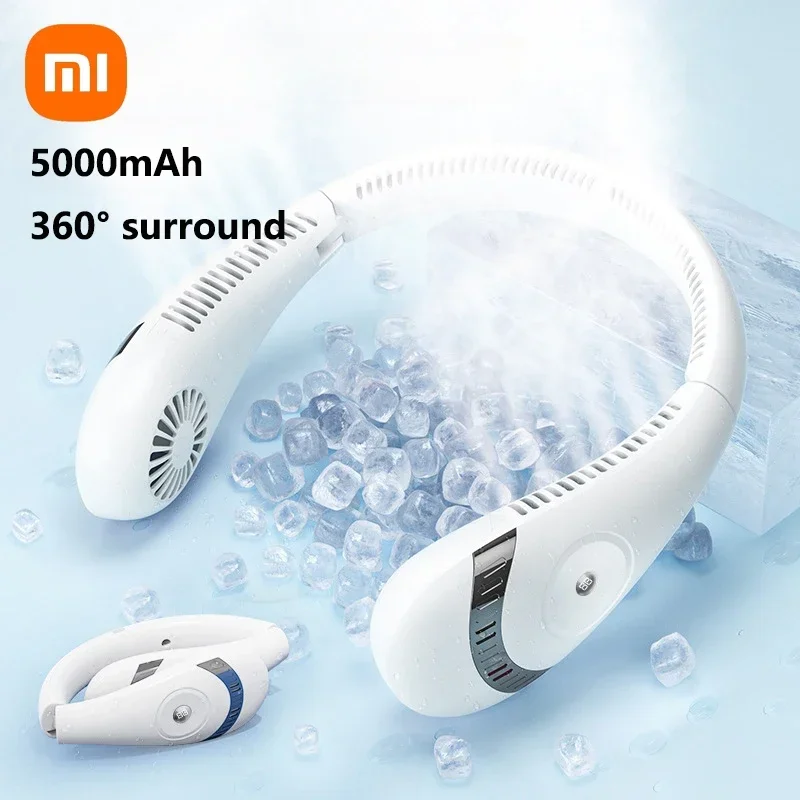 พัดลมห้อยคอ Xiaomi 5000มิลลิแอมป์ต่อชั่วโมงแบบพกพาพับได้ไร้ใบพัดระบายอากาศ Type-C ชาร์จ360องศาสำหรับพัดลมปรับอากาศ
