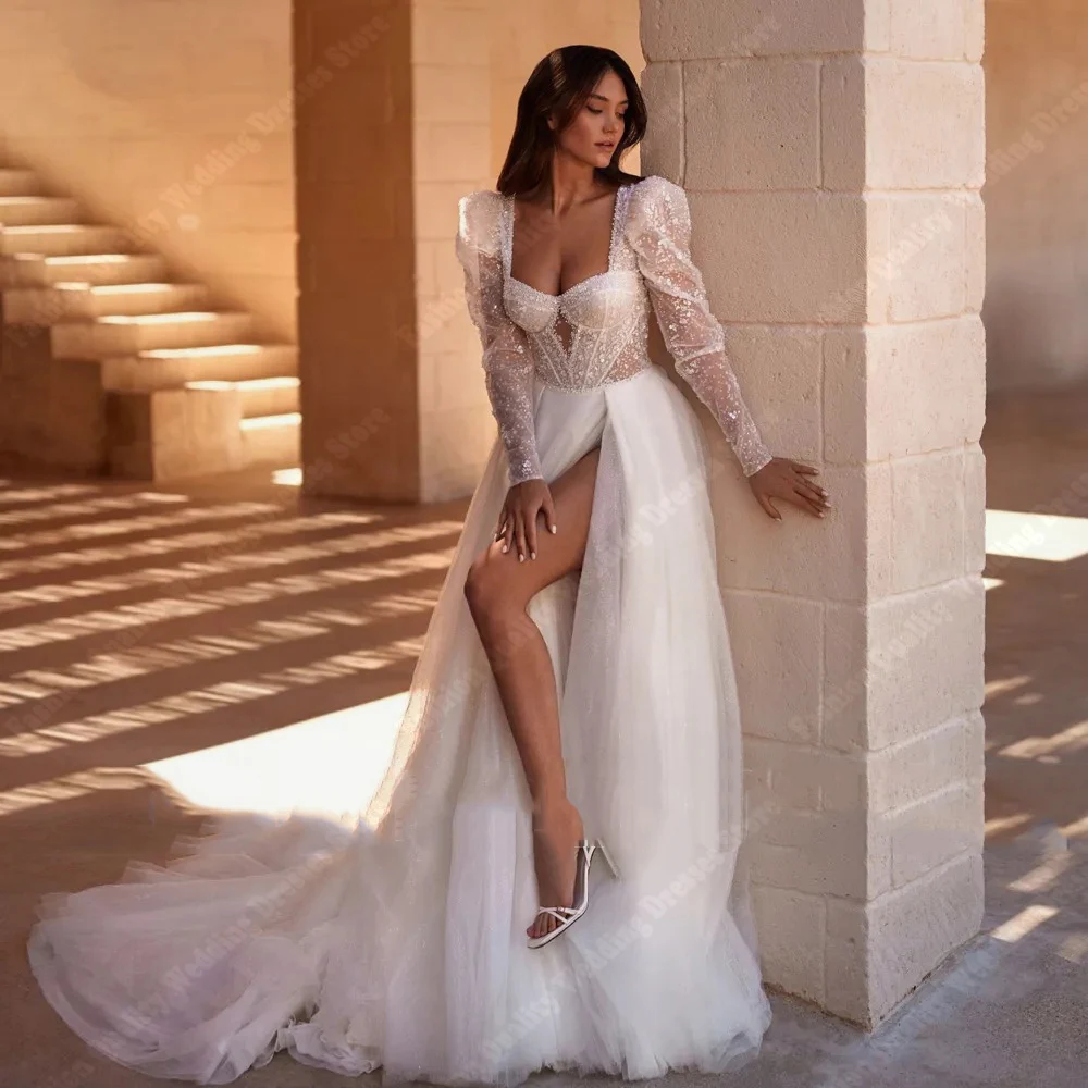 Eleganti abiti da sposa da donna con superficie luminosa 2024 abiti da sposa soffici bellissimi nuovi abiti da donna con colletto a cuore