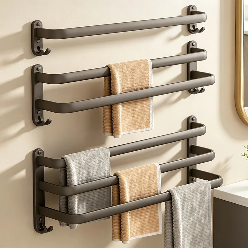 Bathroom Hand Towel Rack Wall Mount No Drill Bath Lavatory Towel Bars Gray Space Aluminum Towel Hanger Holder 3 Tier Towel Rail