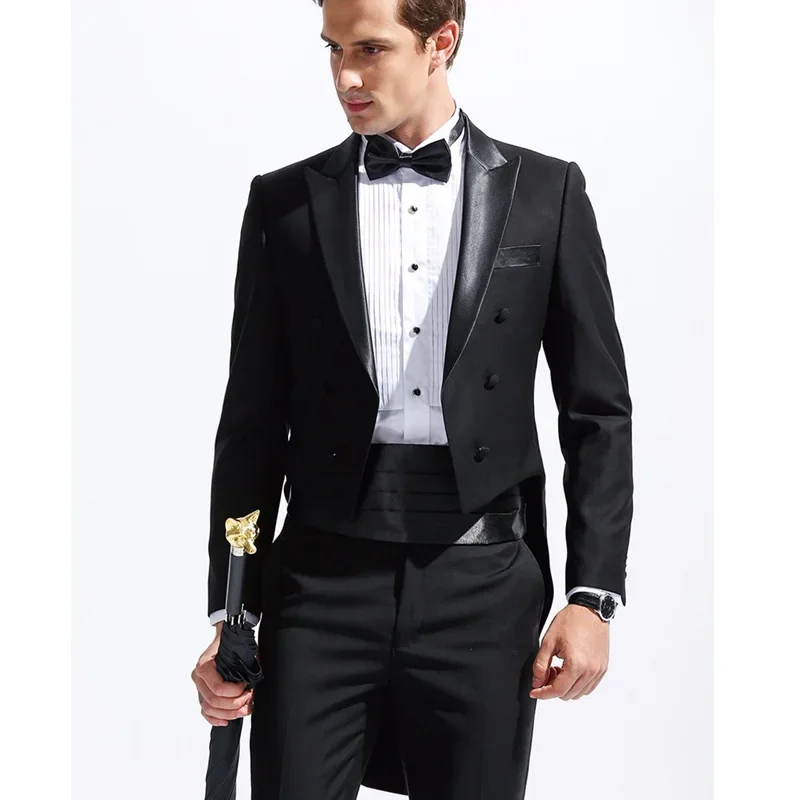 

Black Formal Men Tail Suits with Double Breasted Groom Tuxedos for Wedding 3 Piece Male Fashion Set (Jacket+ Pants + Waistband)