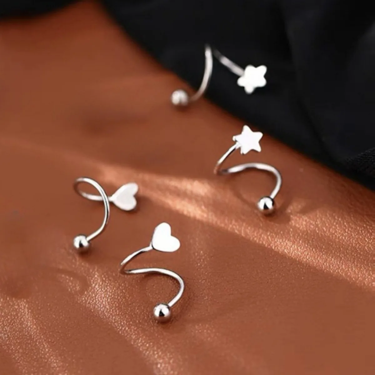 2pcs Stainless Steel Spiral Twisted Stud Earrings Small Delicate Piercing Heart Star Cartilage Tragus Helix Ear Piercing Jewelry