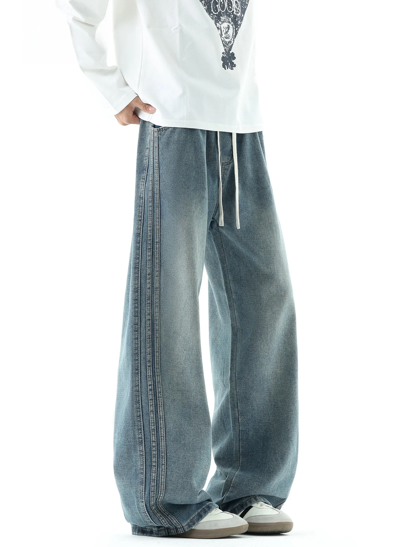 

Американские мужские джинсы прямого кроя в полоску, весна-осень, винтажные, свободные, широкие, длинные брюки