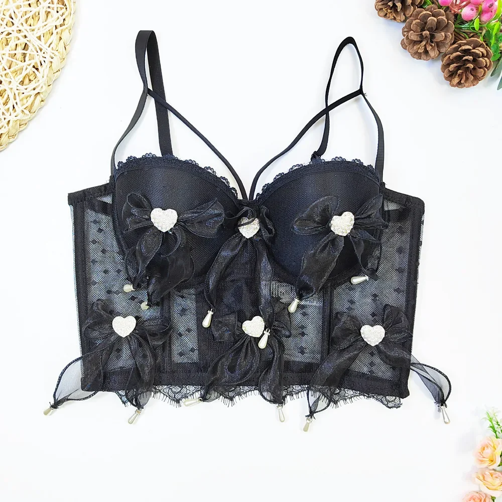 Sexy See-through Bow Diamond Push-up Bra Lace Corset Tube Top with Underwire for Women Backless Bustier Crop Tops Lingerie