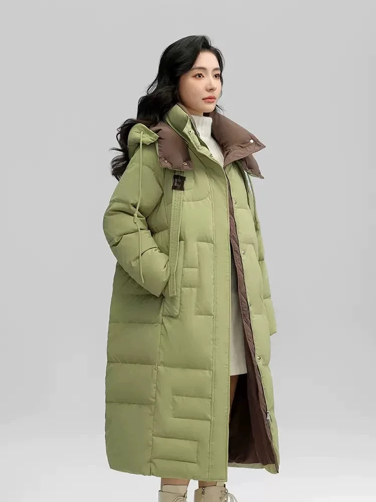 Winter New Women\'s Jacket Long Down Coats Color Clash Patchwork Trendy Outerwears Windproof Thick Snow Wear Hooded Puffer Coats