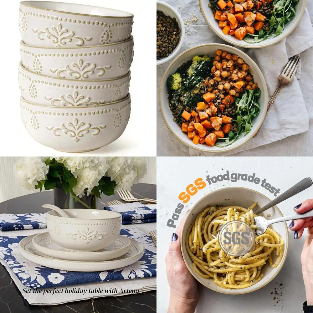 

soup bowls 32 oz, cereal bowls set of 4, embossment ceramic ramen bowls, 6.3 inch white salad bowls, large dinner bowls for pho